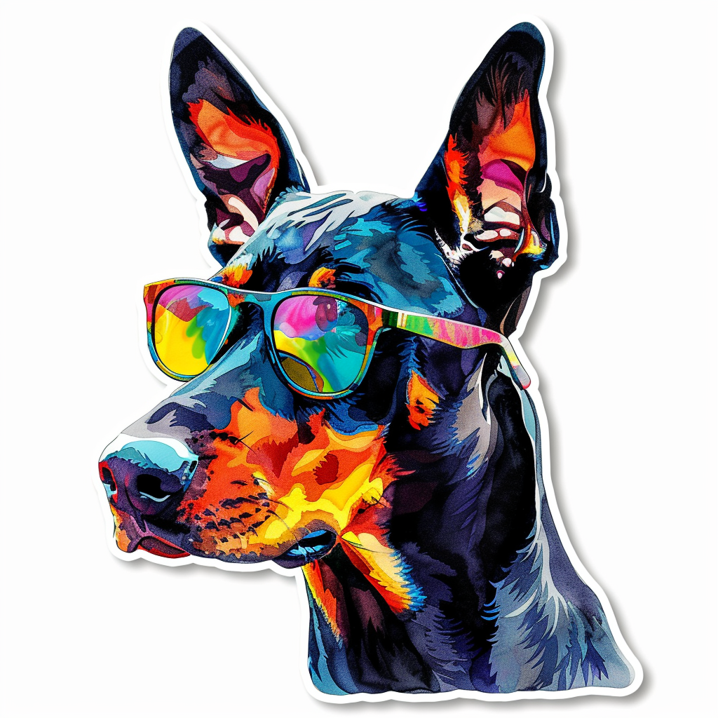 Sticker of a Doberman Pinscher Dog wearing sunglasses Expressive surreal Vinyl Decal Sticker for Car, Laptop, Tumbler and more # F019179