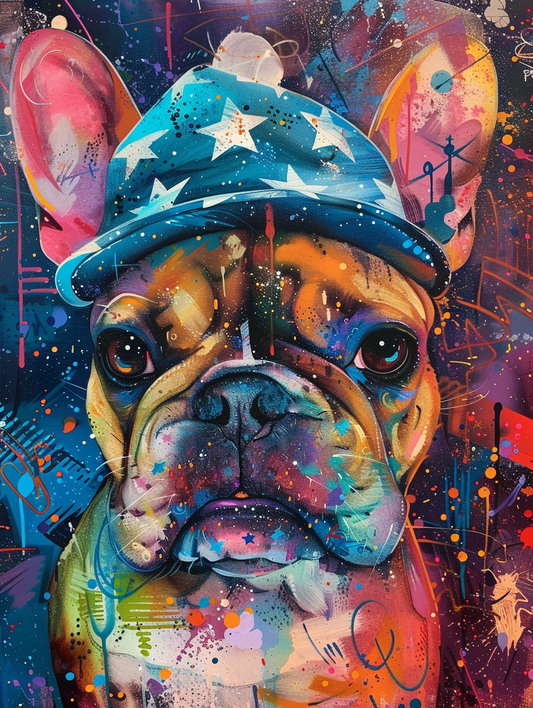 Colorful space Bulldog dog with a hat Expressive surreal Poster # F025027