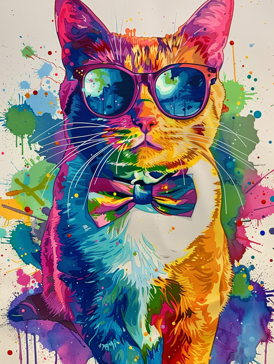 Colorful space Bengal cat with a bow tie Expressive surreal Poster # F024366