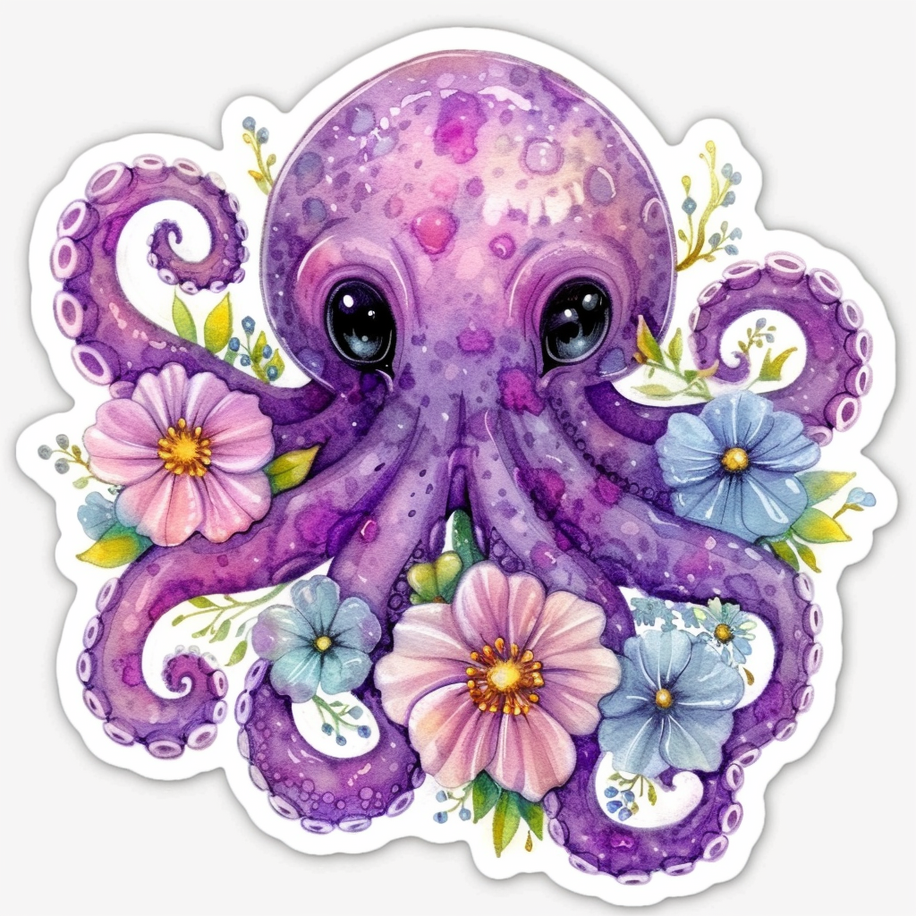 Sticker of a Adorable Octopus with chubby cheeks Expressive surreal Vinyl Decal Sticker for Car, Laptop, Tumbler and more # F015937