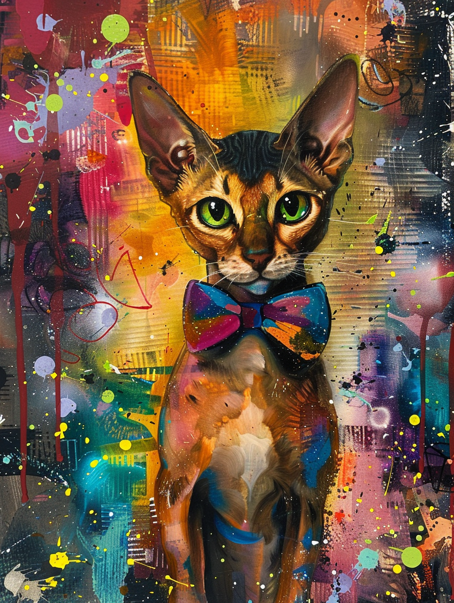 Colorful space Somali cat with a bow tie Expressive surreal Poster # F024321
