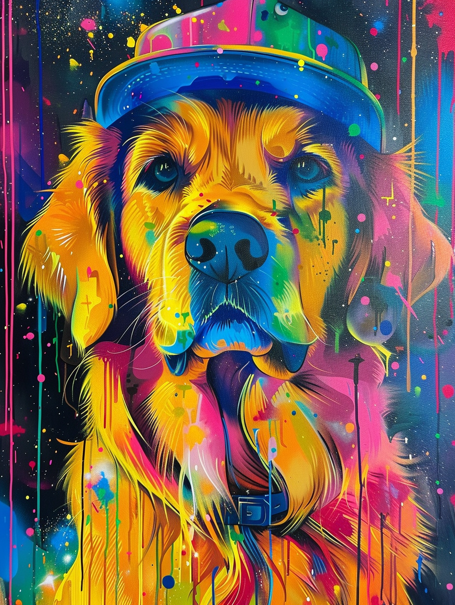 Colorful space Golden Retriever dog with a hat Expressive surreal Poster # F025575