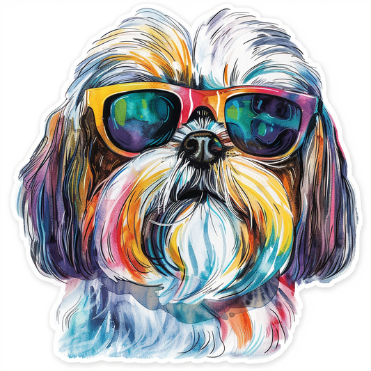 Shih Tzu Dog wearing sunglasses majestic Expressive surreal Vinyl Decal Sticker for Car, Laptop, Tumbler and more # F018738