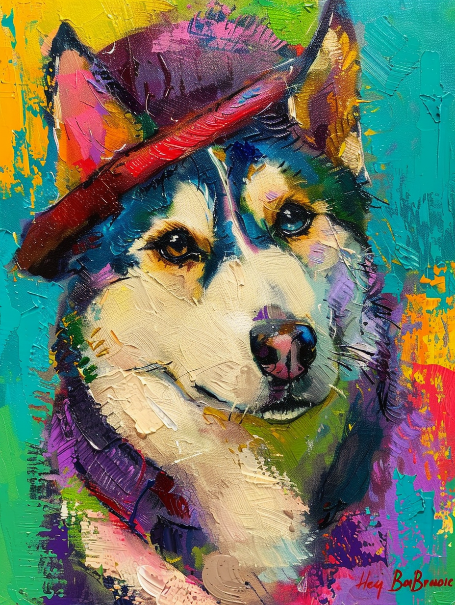 Colorful space Siberian Husky dog with a hat Expressive surreal Poster # F024975