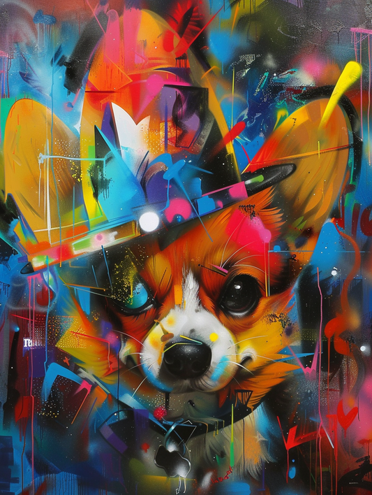 Colorful space Pembroke Welsh Corgi dog with a hat Expressive surreal Poster # F024488