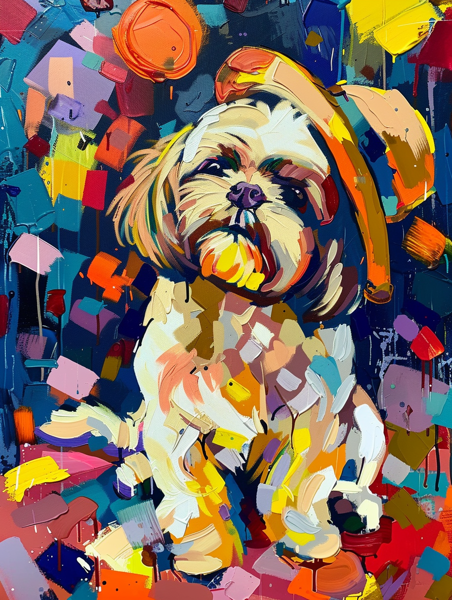 Colorful space Shih Tzu dog with a hat Expressive surreal Poster # F025459
