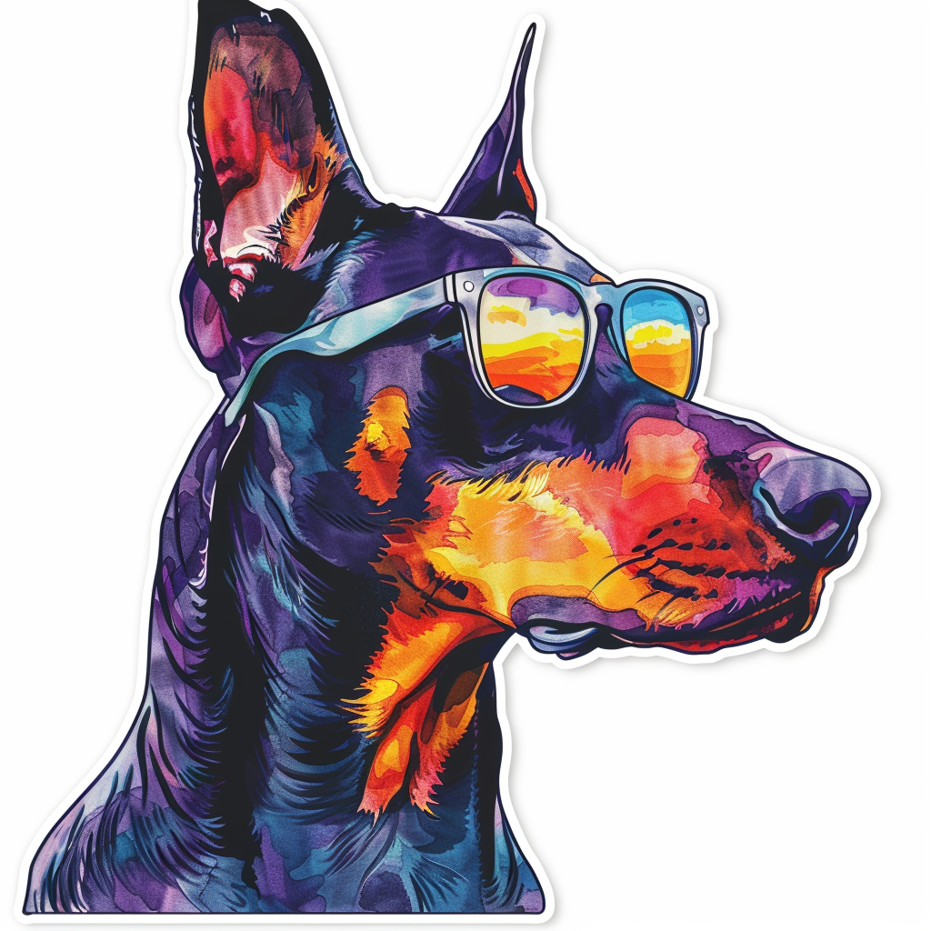 Sticker of a Doberman Pinscher Dog wearing sunglasses Expressive surreal Vinyl Decal Sticker for Car, Laptop, Tumbler and more # F019175