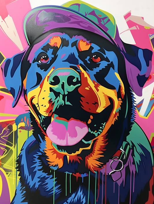 Colorful space Rottweiler dog with a hat Expressive surreal Poster # F024911