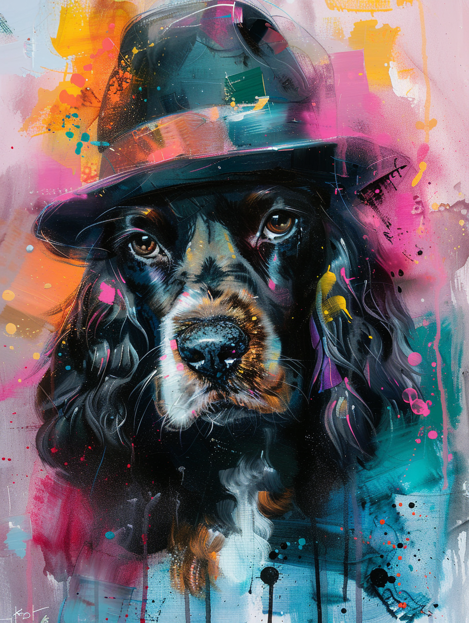 Colorful space Cocker Spaniel dog with a hat Expressive surreal Poster # F024950
