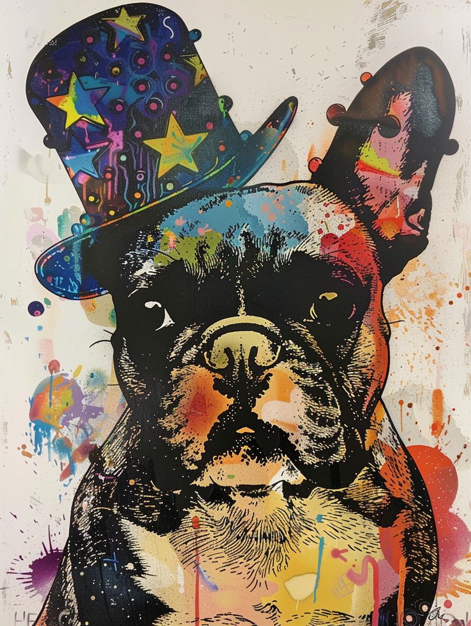 Colorful space French Bulldog dog with a hat Expressive surreal Poster # F024511