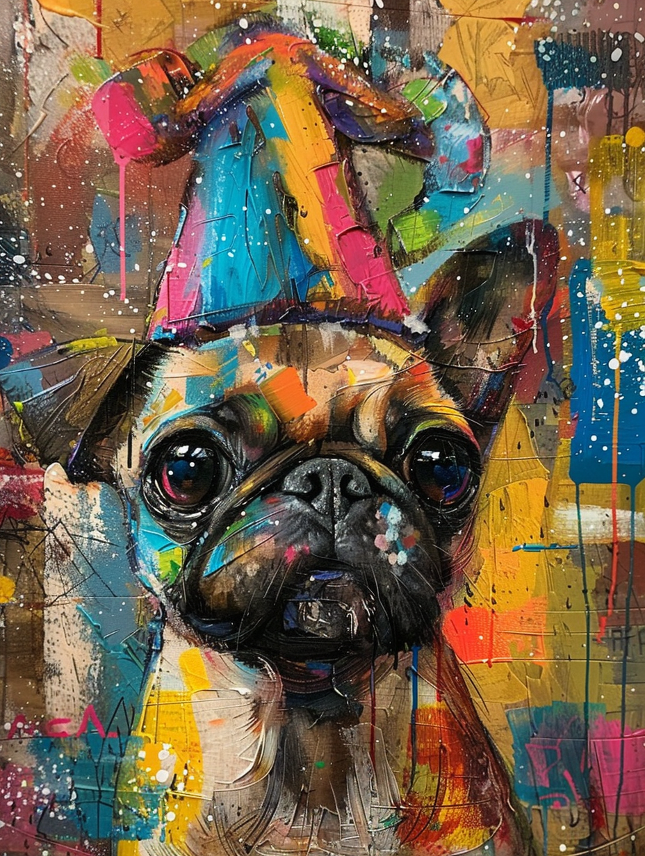 Colorful space Pug dog with a hat Expressive surreal Poster # F025118