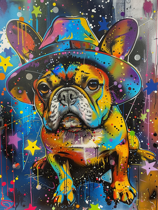 Colorful space French Bulldog dog with a hat Expressive surreal Poster # F025537