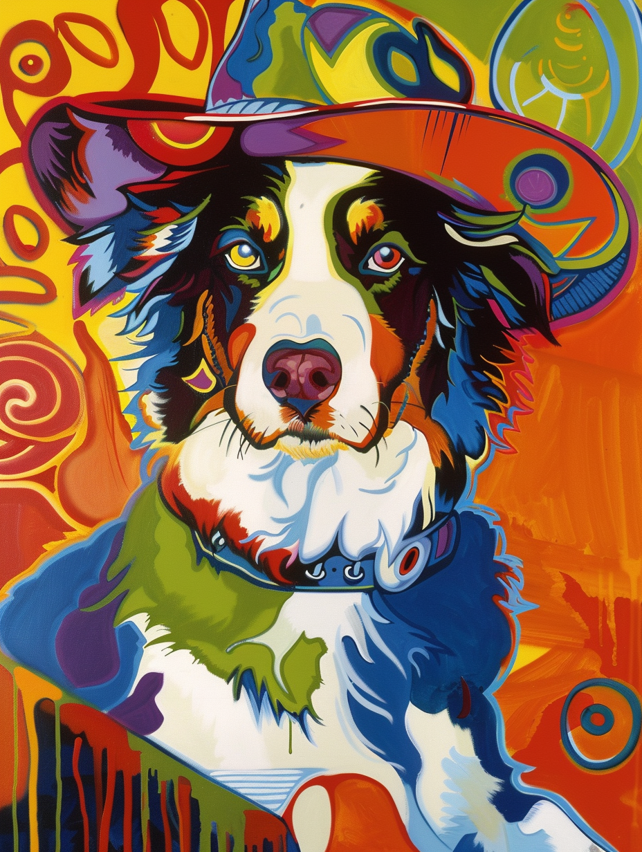 Colorful space Border Collie dog with a hat Expressive surreal Poster # F024441