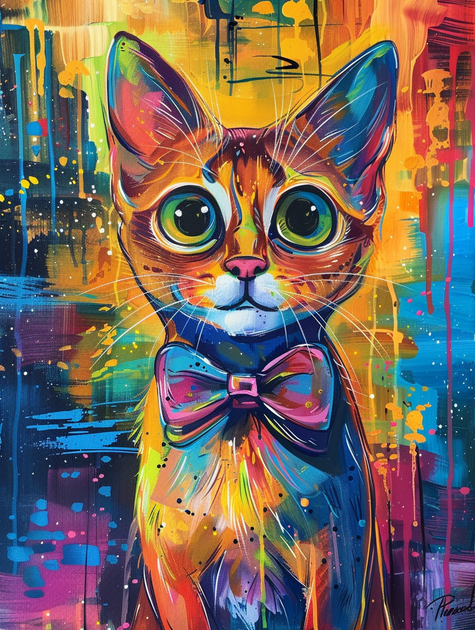 Colorful space Somali cat with a bow tie Expressive surreal Poster # F024300