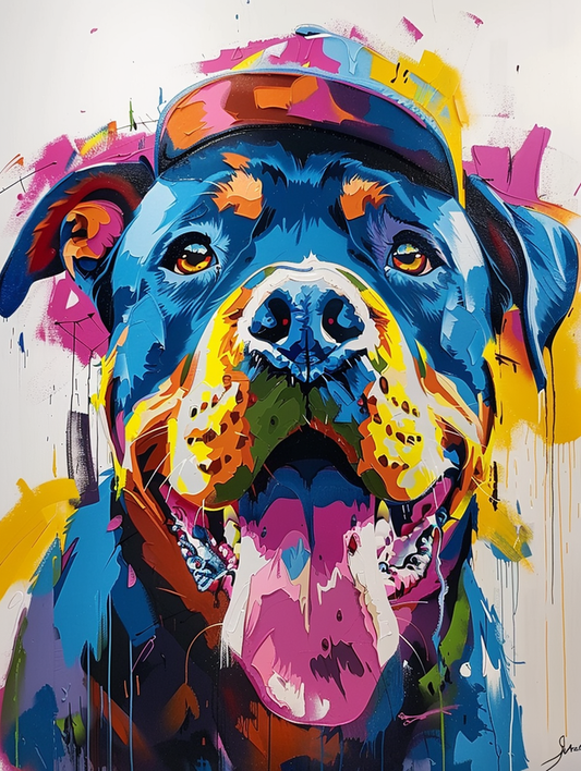 Colorful space Rottweiler dog with a hat Expressive surreal Poster # F025101
