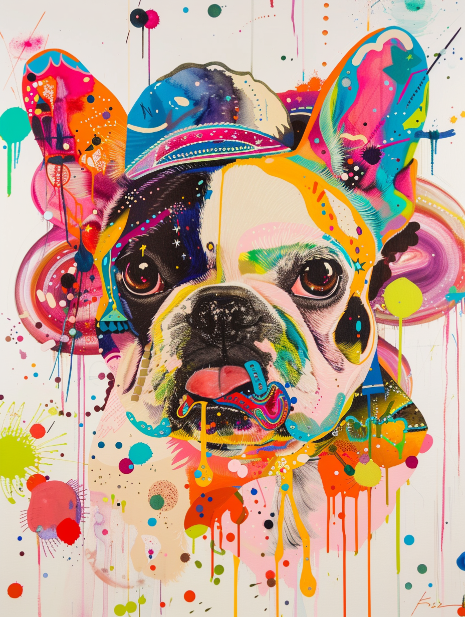 Colorful space French Bulldog dog with a hat Expressive surreal Poster # F025656