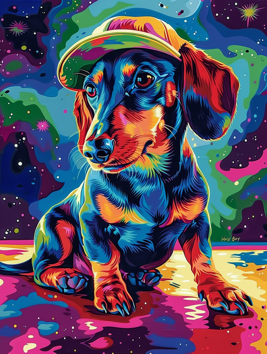 Colorful space Dachshund dog with a hat Expressive surreal Poster # F025094