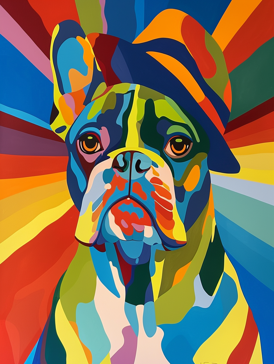 colorful space Boston Terrier dog with a hat Expressive surreal Poster # F025515