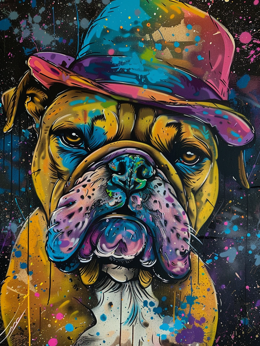 Colorful space Bulldog dog with a hat Expressive surreal Poster # F024503