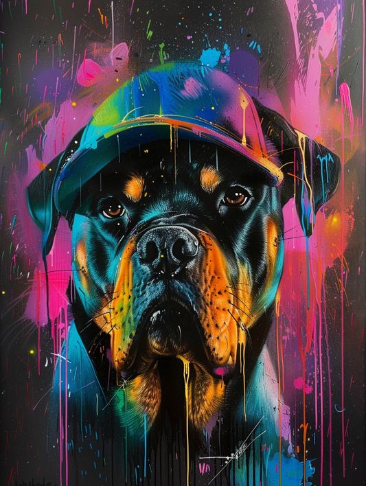 Colorful space Rottweiler dog with a hat Expressive surreal Poster # F025464