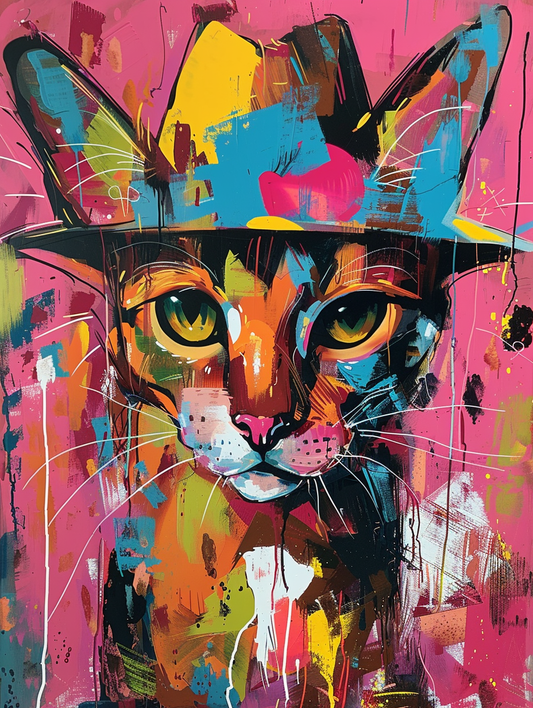 Colorful space Somali cat with a hat Expressive surreal Poster # F024705