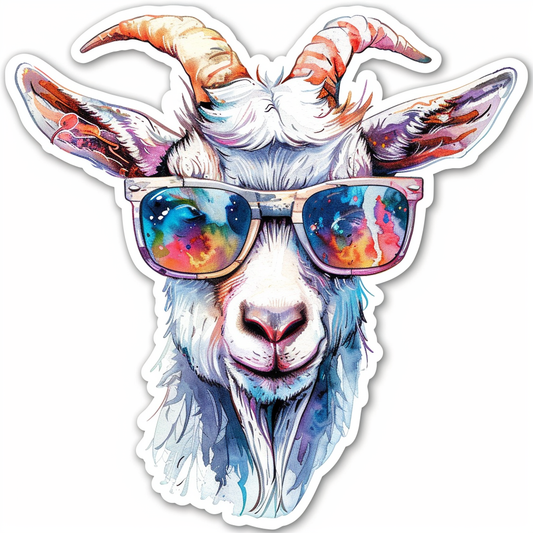 Goat wearing sunglasses Expressive surreal Vinyl Decal Sticker for Car, Laptop, Tumbler and more # F020431-4" x 4"