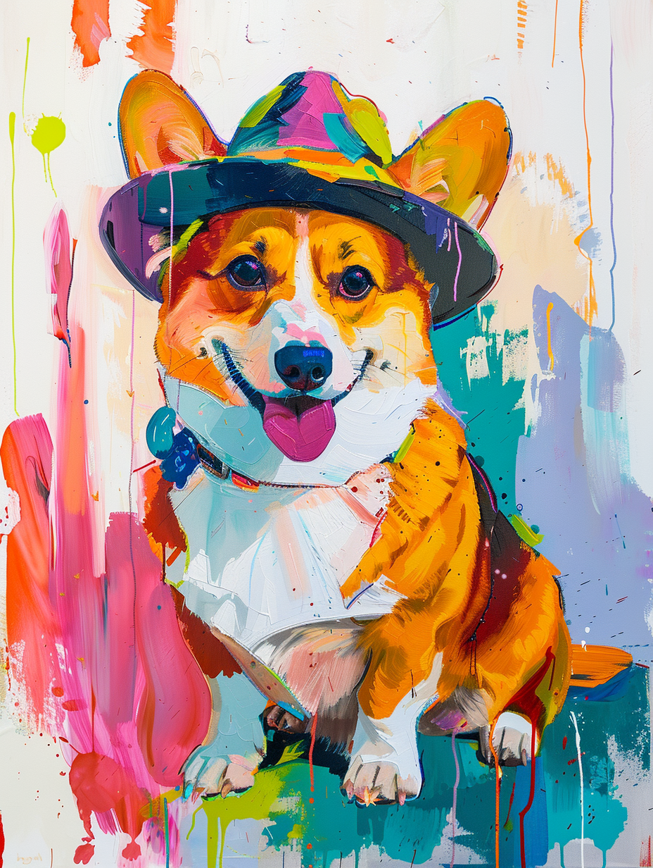 Colorful space Pembroke Welsh Corgi dog with a hat Expressive surreal Poster # F024475