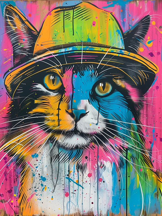 Colorful space Norwegian Forest Cat cat with a hat Expressive surreal Poster # F025212