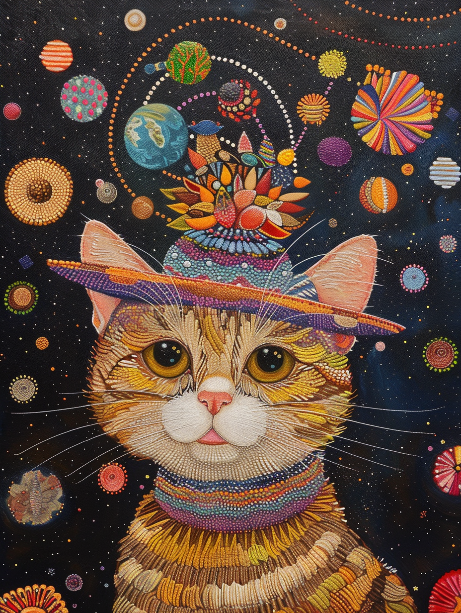 Colorful space Bengal cat with a hat Expressive surreal Poster # F025294