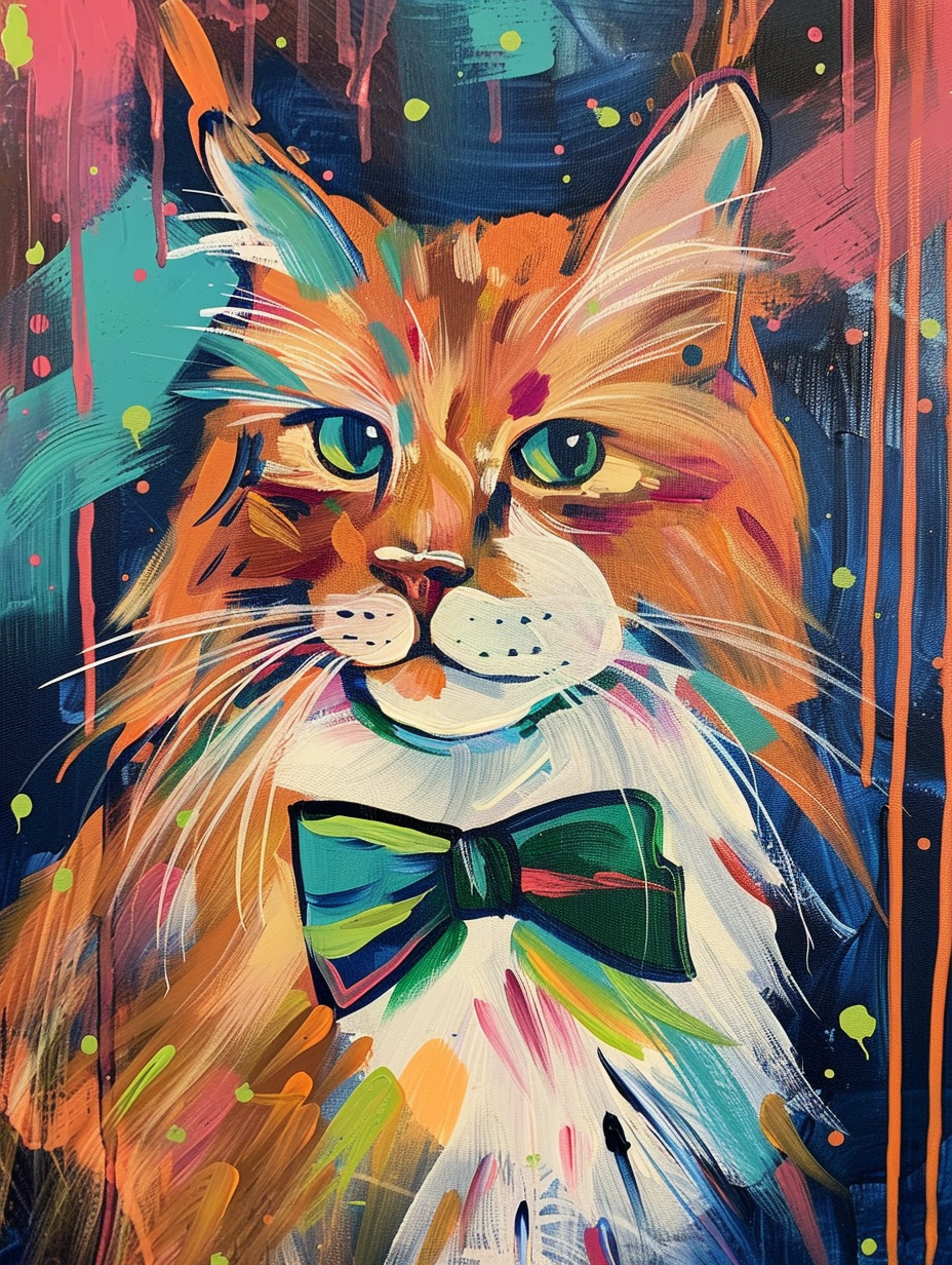 Colorful space Norwegian Forest Cat cat with a bow Expressive surreal Poster # F024312