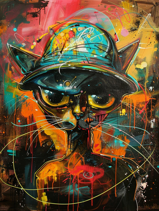 Colorful space Abyssinian cat with a hat Expressive surreal Poster # F025335