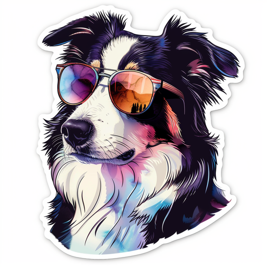 Border Collie Dog wearing sunglasses Expressive surreal Vinyl Decal Sticker for Car, Laptop, Tumbler and more # F021688-4" x 4"