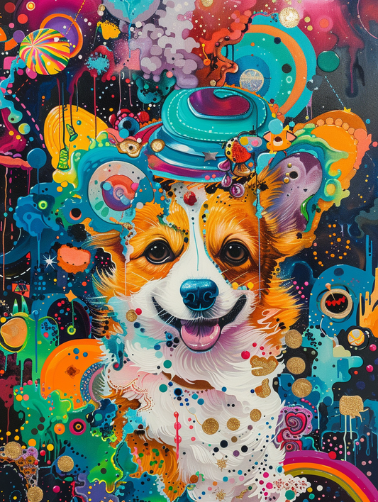 Colorful space Pembroke Welsh Corgi dog with a hat Expressive surreal Poster # F025015