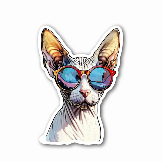 Cornish Rex Cat wearing sunglasses Expressive surreal Vinyl Decal Sticker for Car, Laptop, Tumbler and more # F020767-4" x 4"