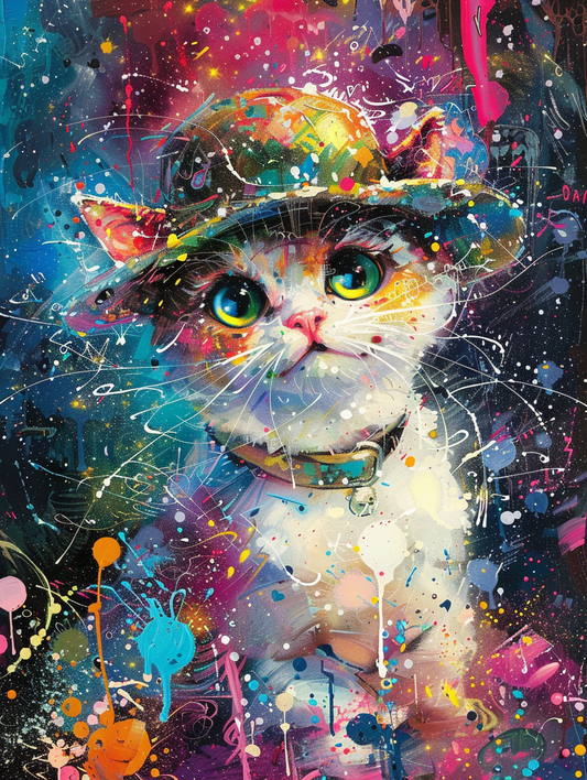 Colorful space Ragdoll cat with a hat Expressive surreal Poster # F025298