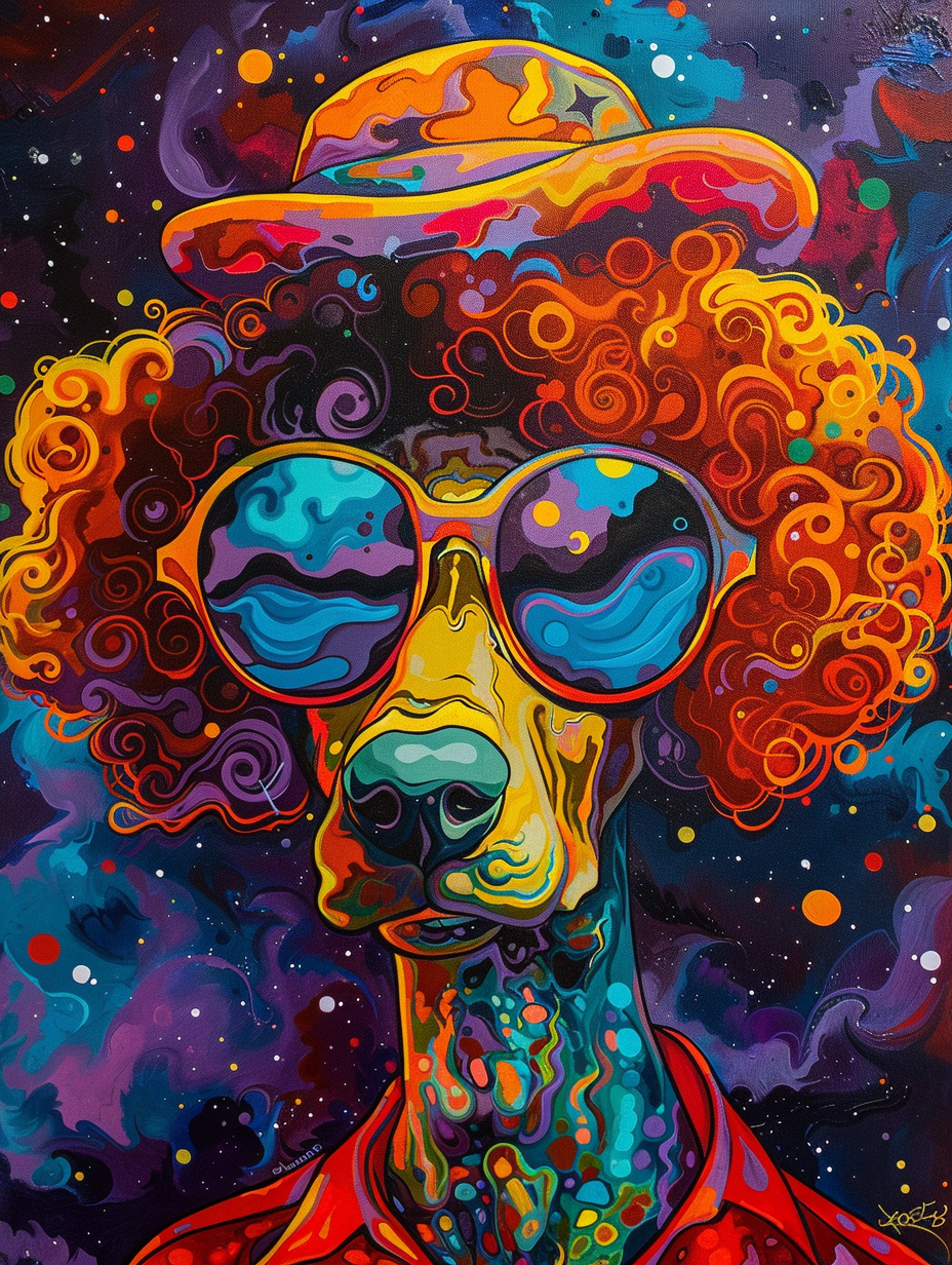 Colorful space Poodle dog with a hat Expressive surreal Poster # F024871