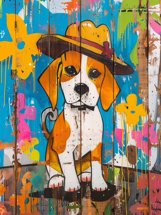 Colorful space Beagle dog with a hat Expressive surreal Poster # F024525