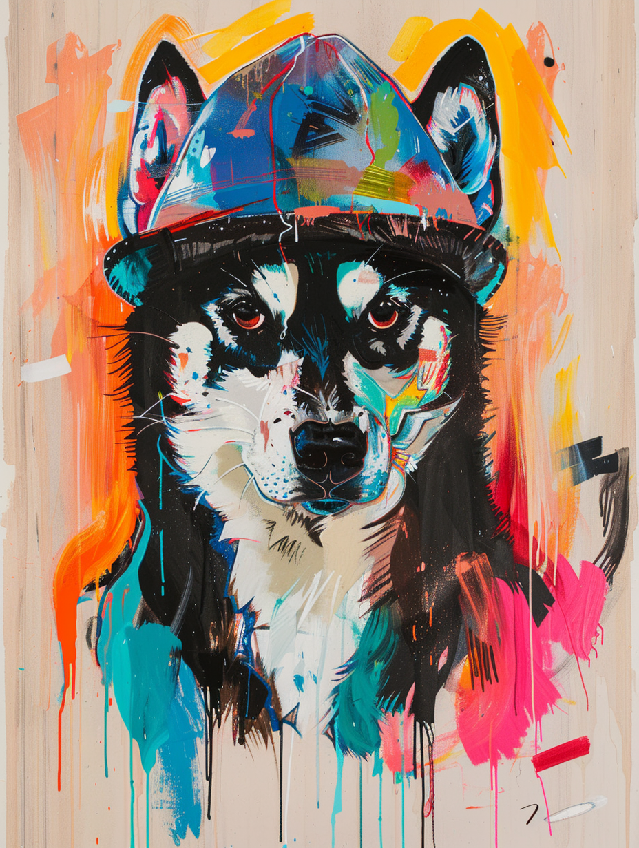 Colorful space Siberian Husky dog with a hat Expressive surreal Poster # F025051