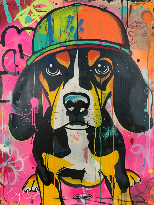 Colorful space Beagle dog with a hat Expressive surreal Poster # F024533