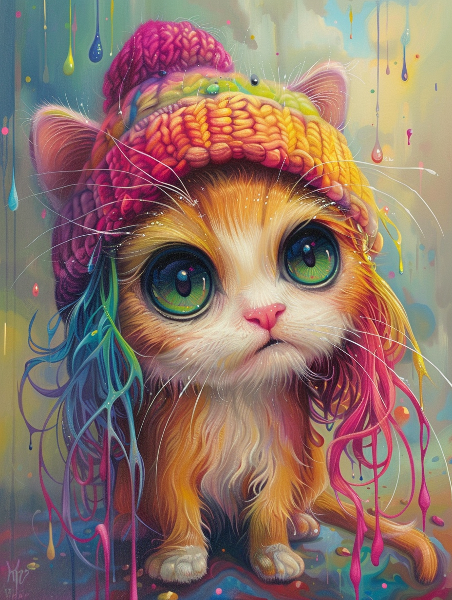Colorful space Norwegian Forest Cat cat with a hat Expressive surreal Poster # F025237