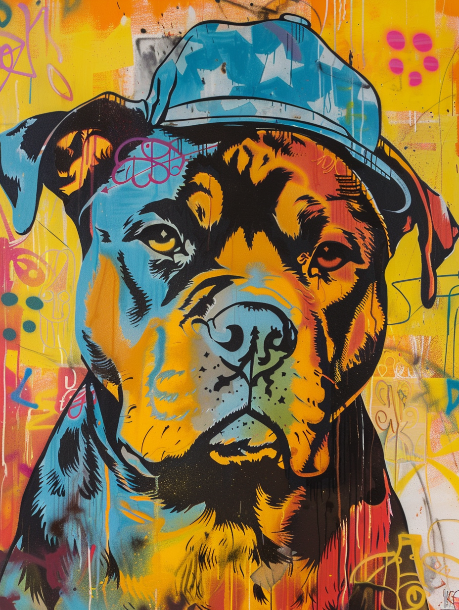 Colorful space Rottweiler dog with a hat Expressive surreal Poster # F025467