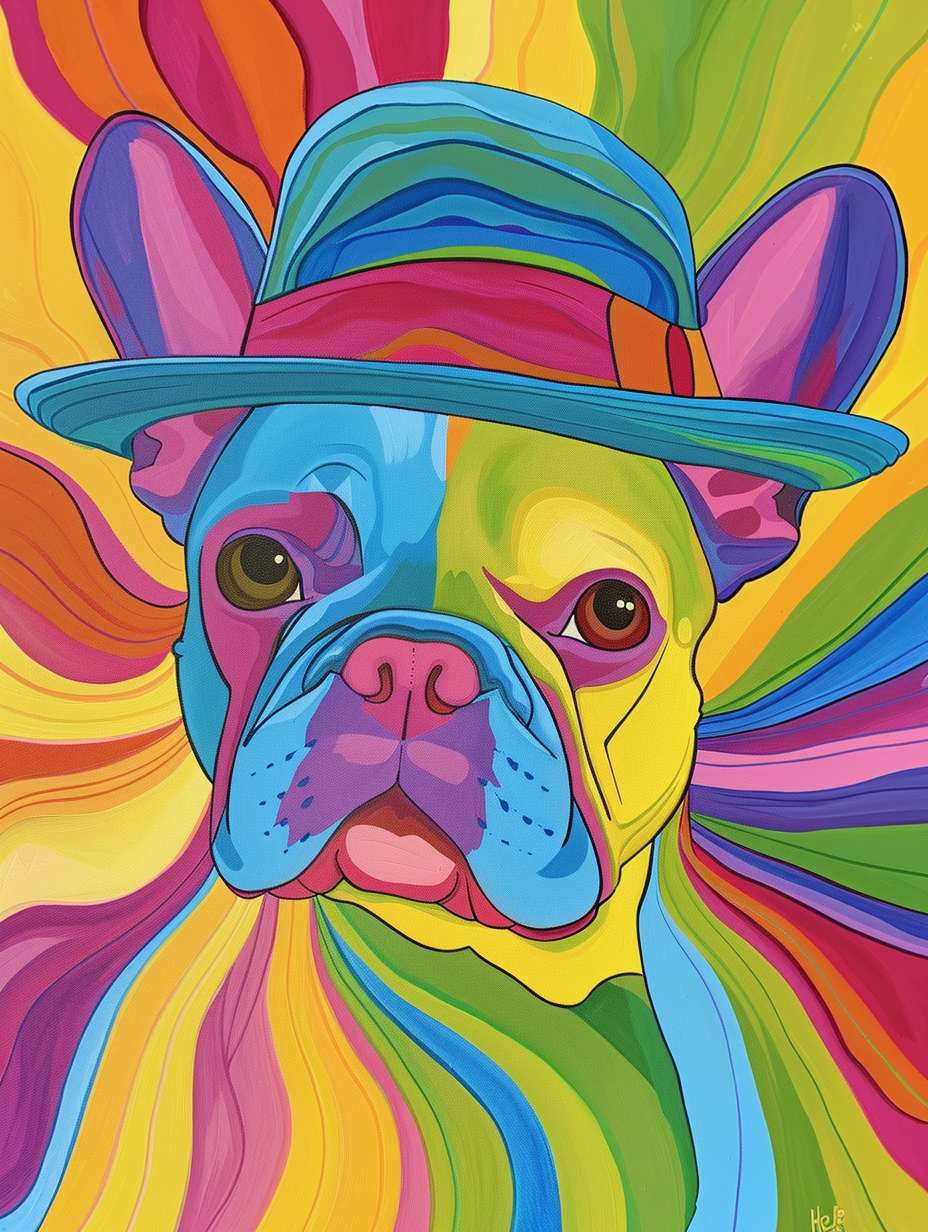 Colorful space French Bulldog dog with a hat Expressive surreal Poster # F025044