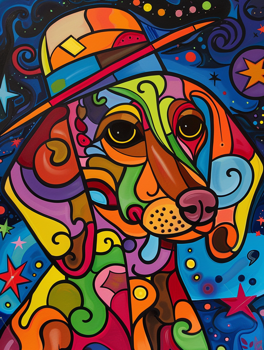 Colorful space Dachshund dog with a hat Expressive surreal Poster # F025079