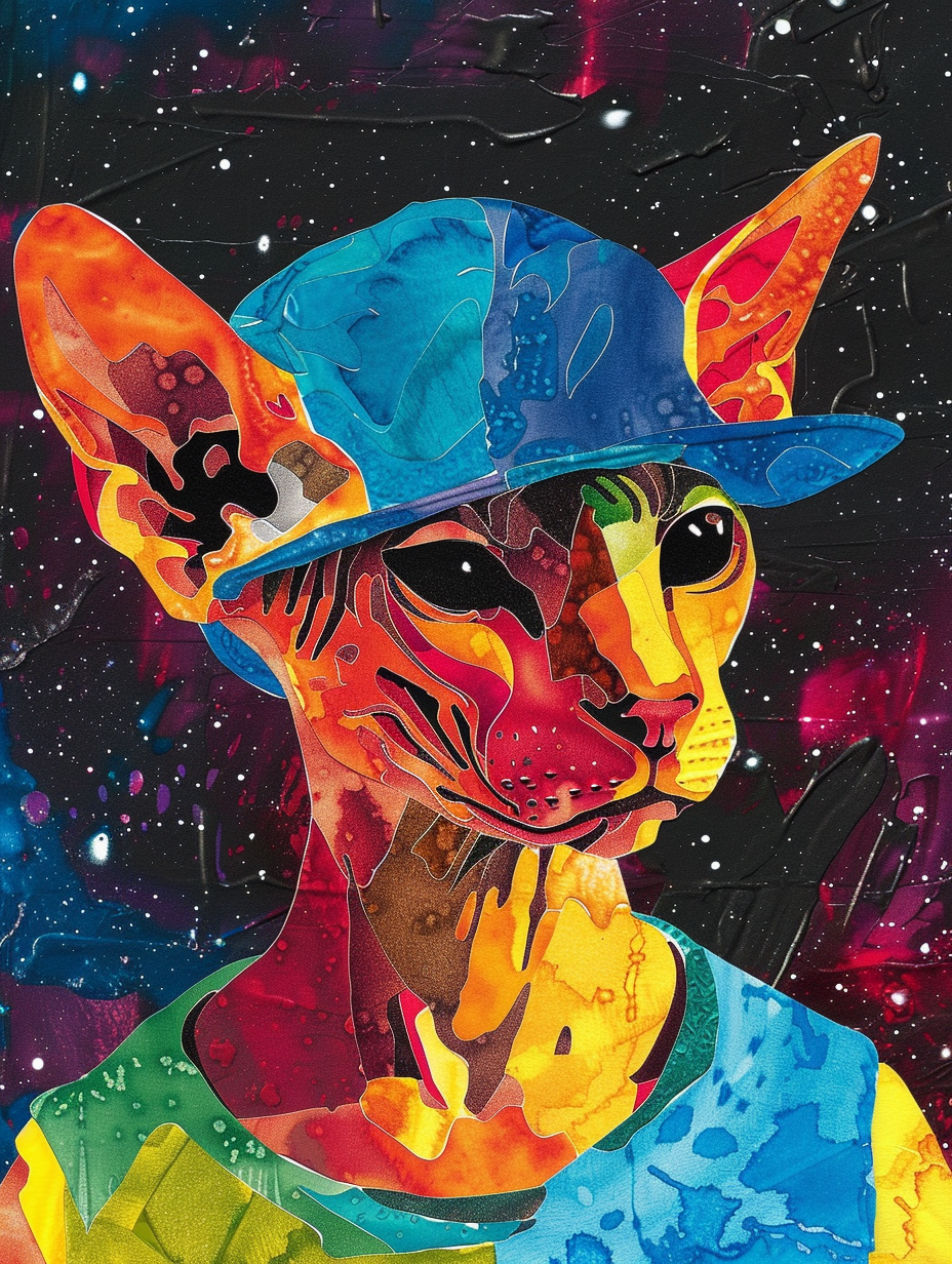 Colorful space Cornish Rex cat with a hat Expressive surreal Poster # F025219