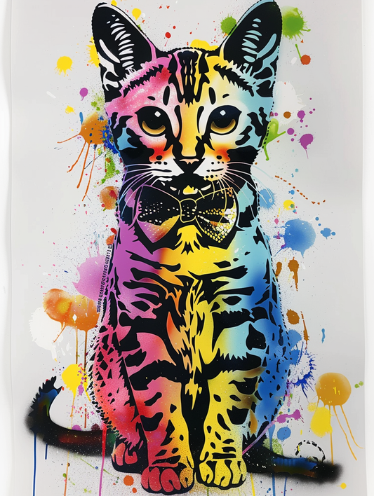 Colorful space Bengal cat with a bow tie Expressive surreal Poster # F024398