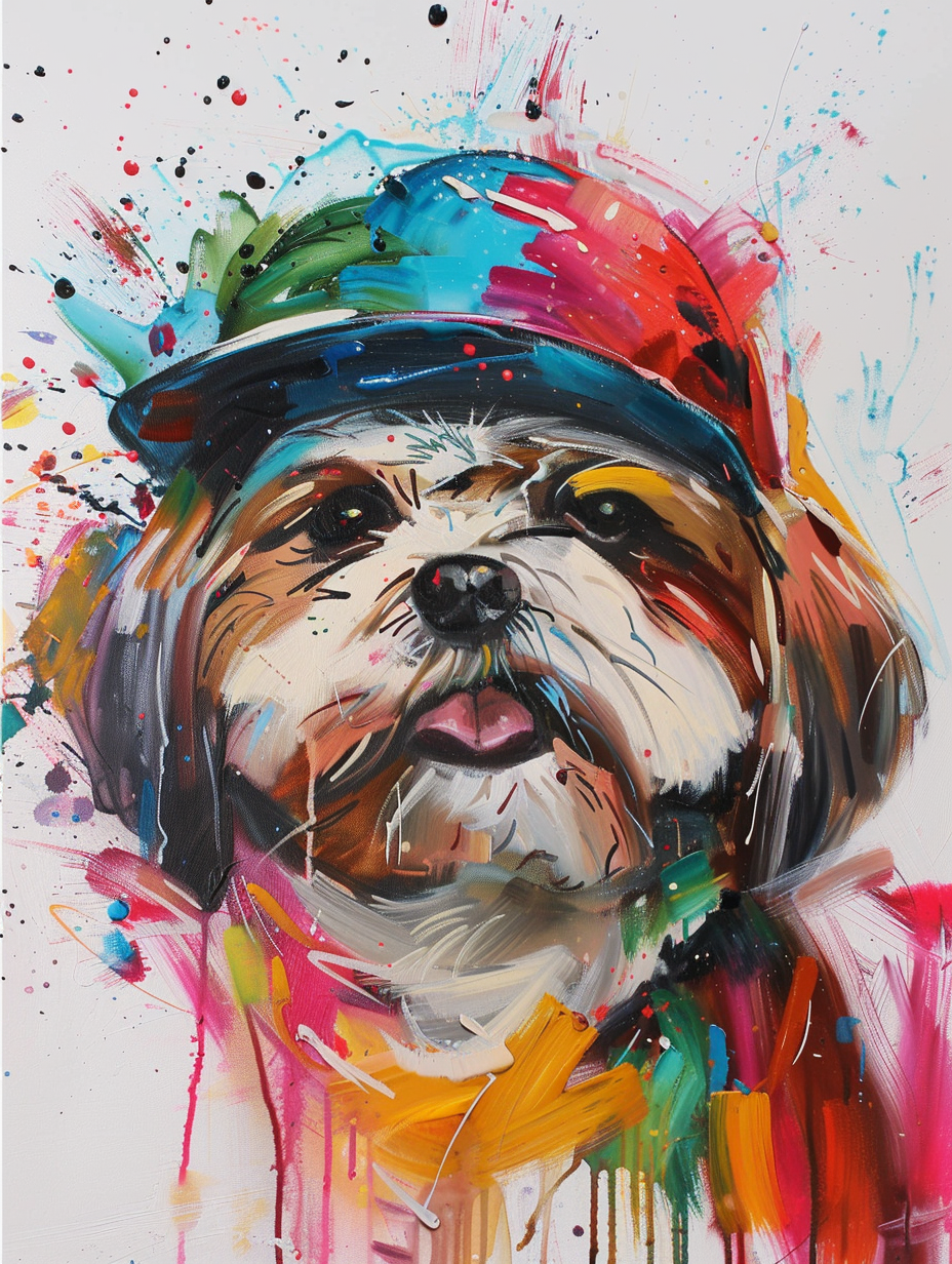 Colorful space Shih Tzu dog with a hat Expressive surreal Poster # F024956
