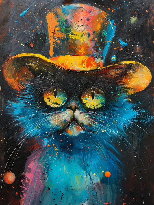Colorful space Persian cat with a hat Expressive surreal Poster # F025268