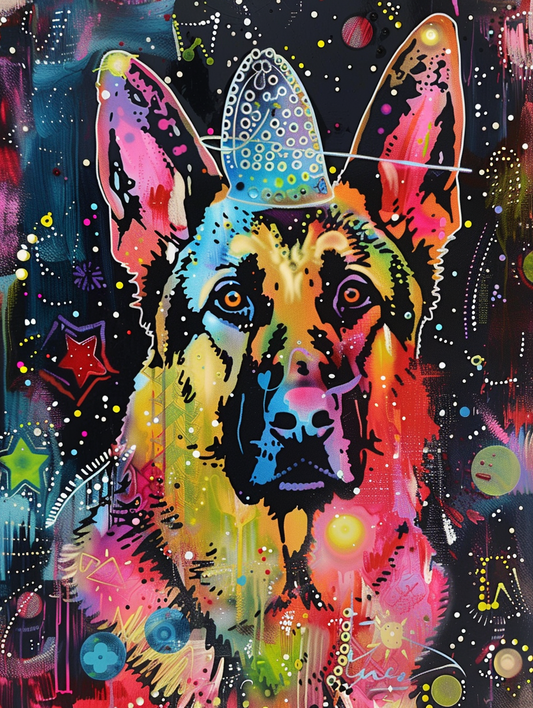 colorful space German Shepherd dog with a hat Expressive surreal Poster # F025546