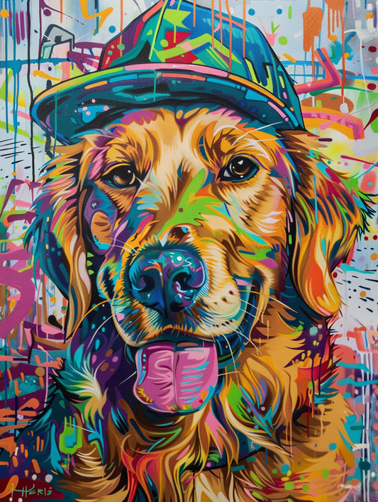 Colorful space Golden Retriever dog with a hat Expressive surreal Poster # F024460
