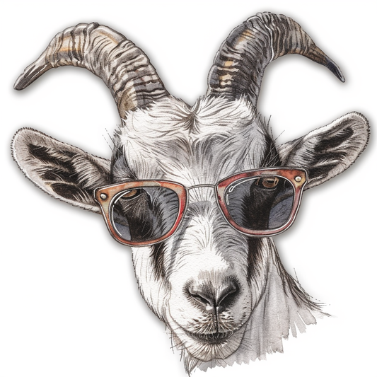 Goat wearing sunglasses Expressive surreal Vinyl Decal Sticker for Car, Laptop, Tumbler and more # F020420-4" x 4"